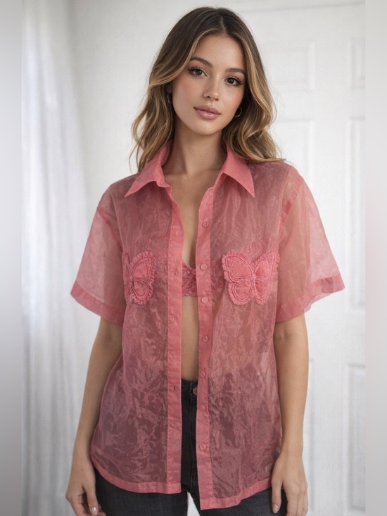 labelrail Tops - Labelrail X Pose And Repeat Pink Sheer Butterfly Blouse Sz 14 Y2K Coquette Colab